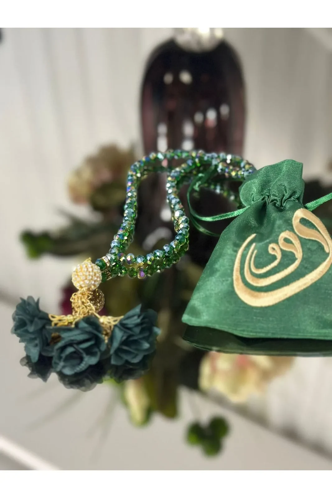 Hediyelik Özel Nakışlı Keseli Güllü Taşlı Elmas Tesbih